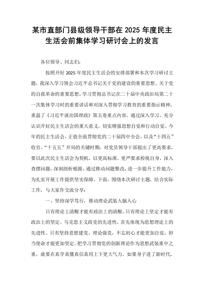 某市直部门县级领导干部在2025年度民主生活会前集体学习研讨会上的发言_第1页
