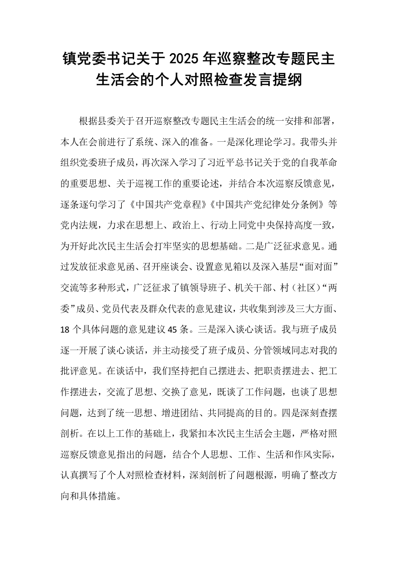 镇党委书记关于2025年巡察整改专题民主生活会的个人对照检查发言提纲_第1页