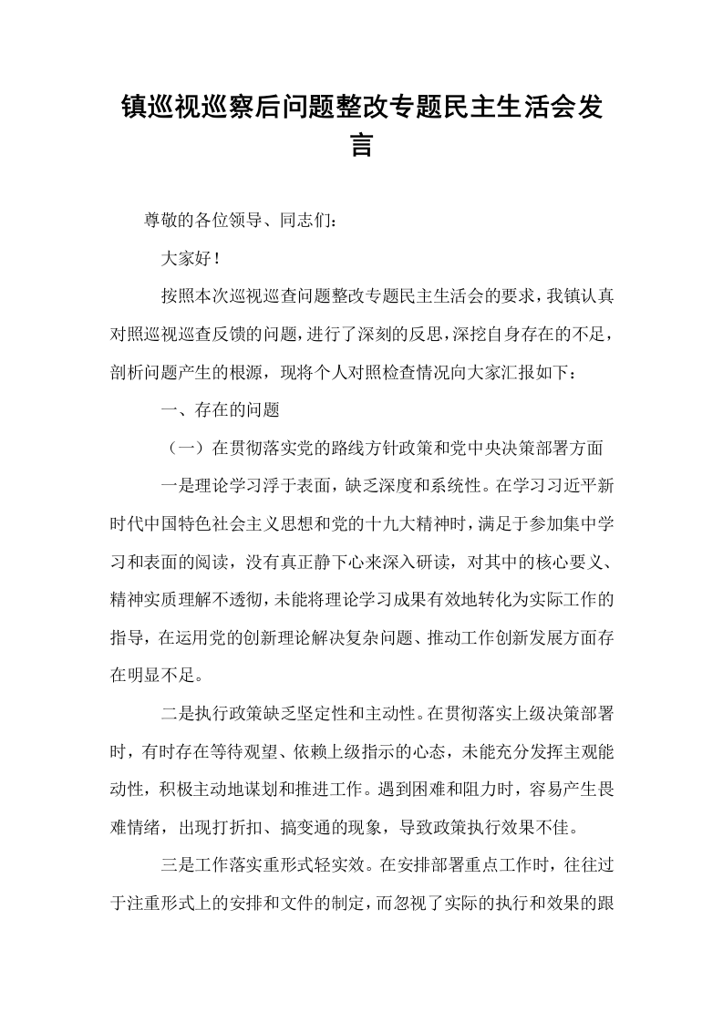 镇巡视巡察后问题整改专题民主生活会发言_第1页