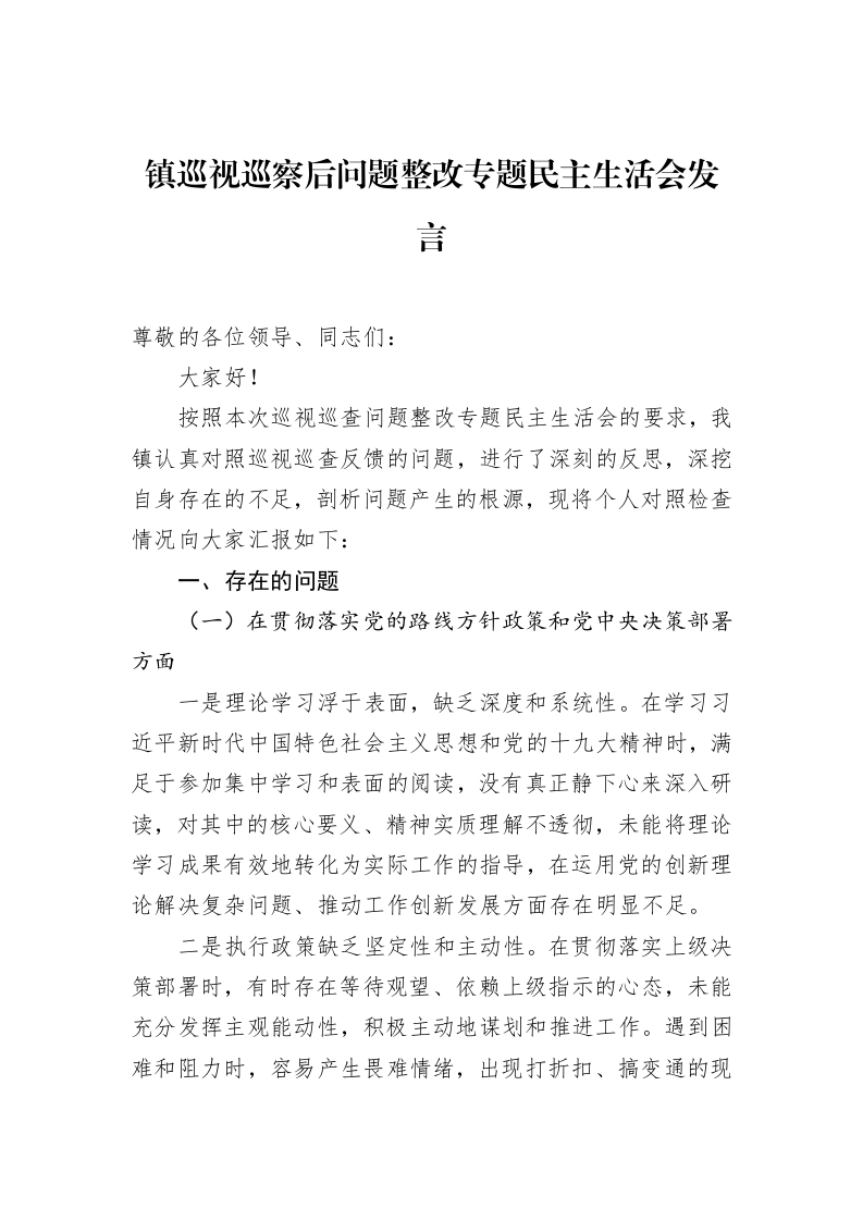 镇巡视巡察后问题整改专题民主生活会发言（1-15）_第1页