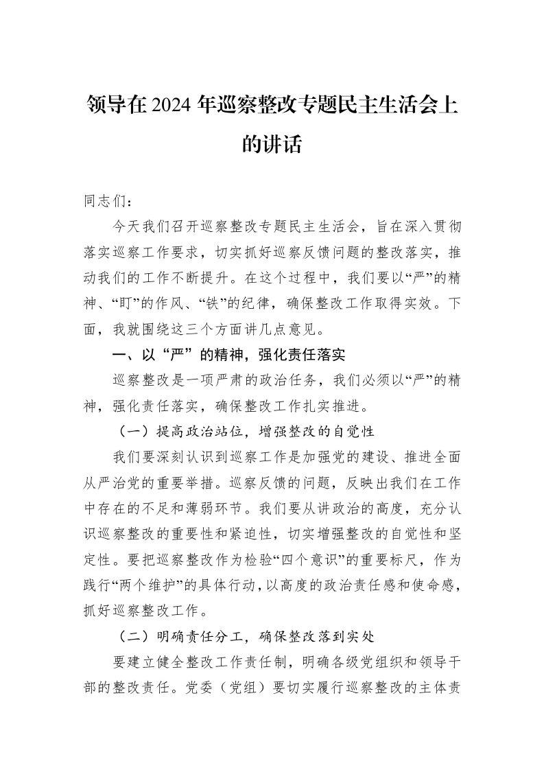 领导在2024年巡察整改专题民主生活会上的讲话_第1页