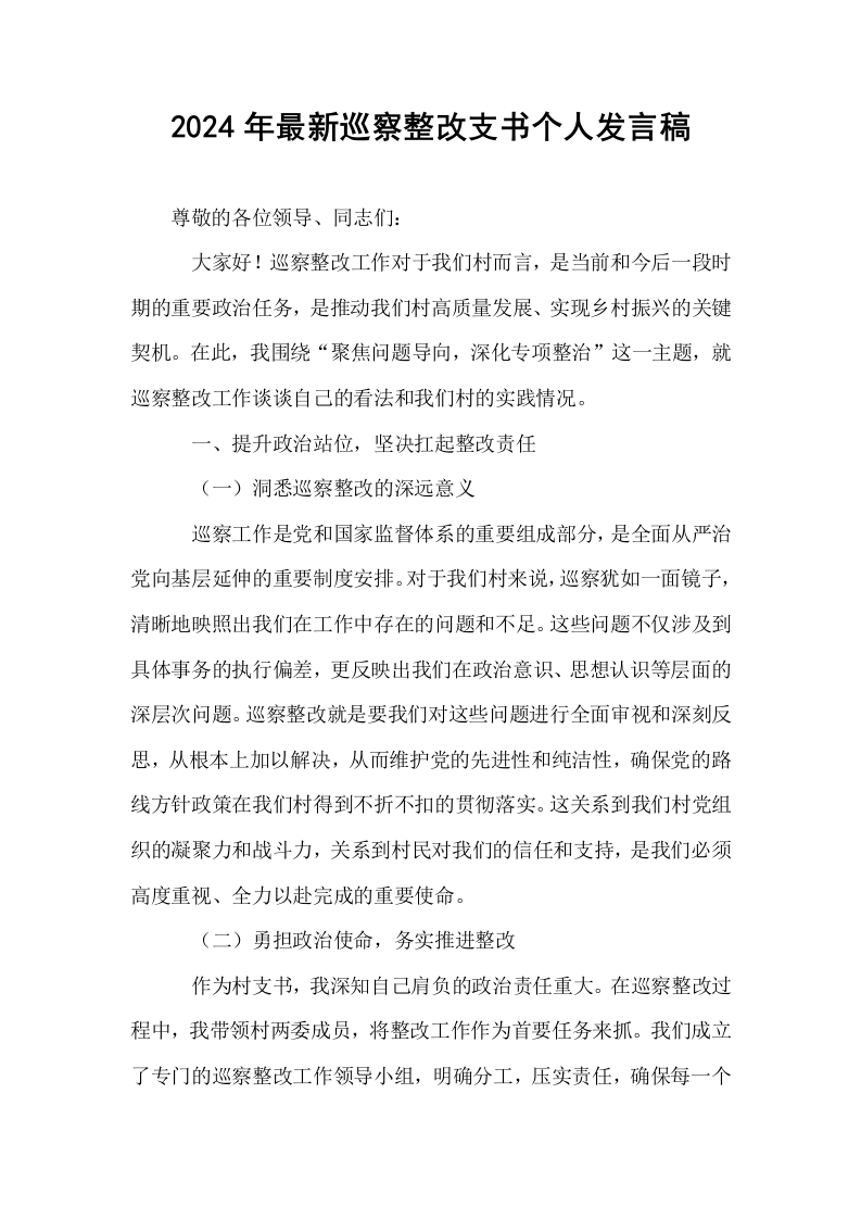 2024年最新巡察整改支书个人发言稿._第1页