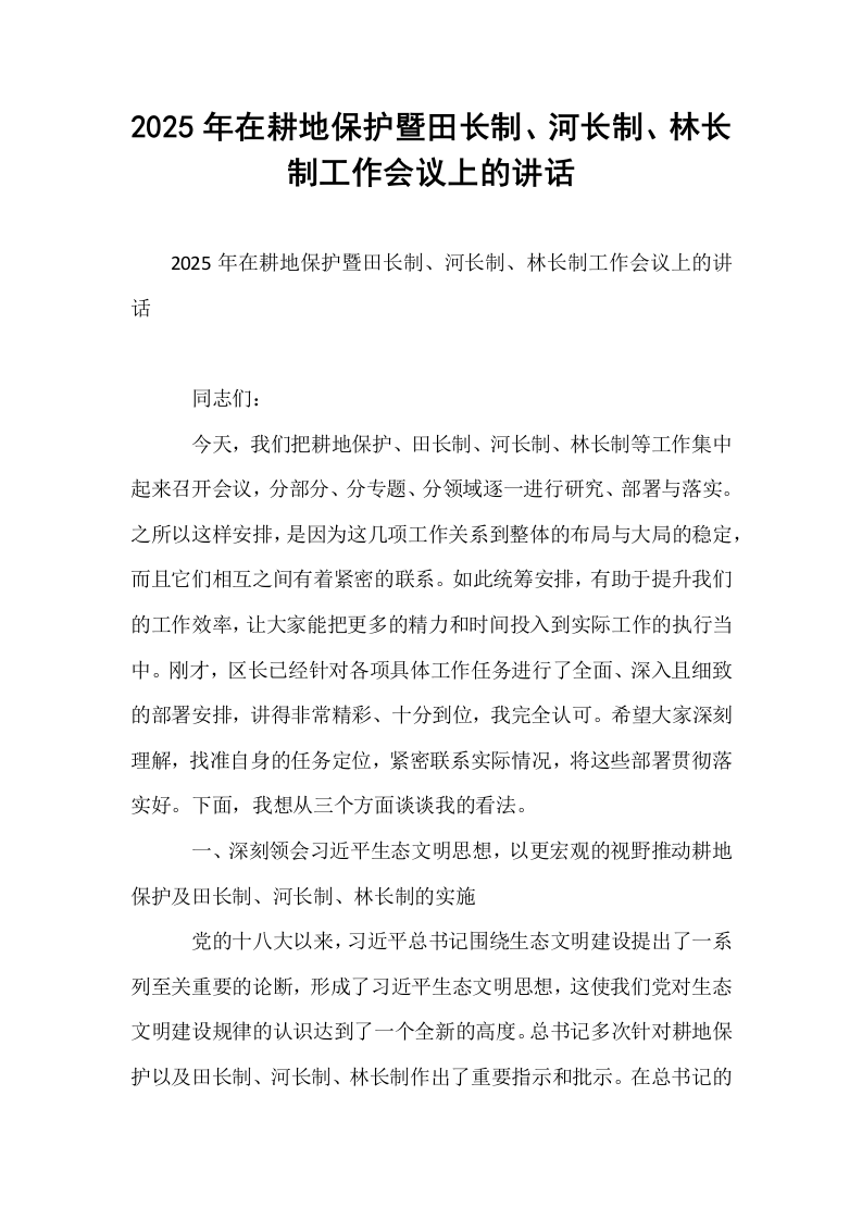 2025年在耕地保护暨田长制、河长制、林长制工作会议上的讲话_第1页