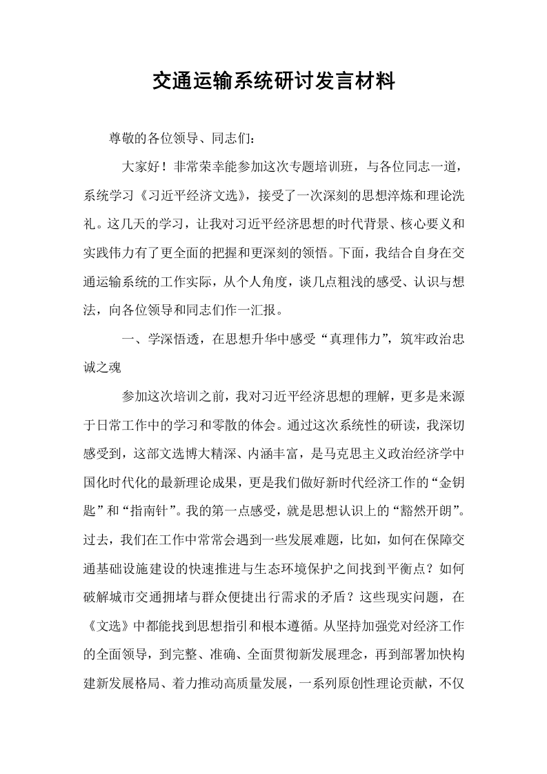 交通运输系统研讨发言材料_第1页