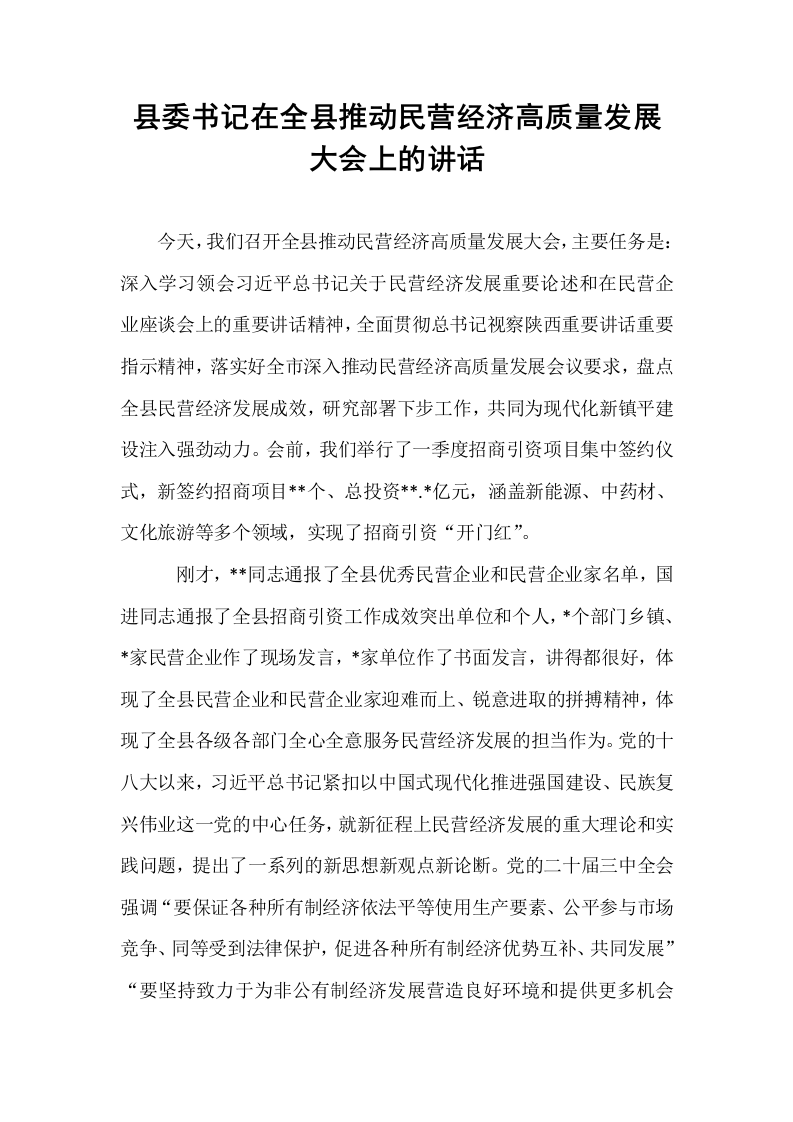 县委书记在全县推动民营经济高质量发展大会上的讲话_第1页