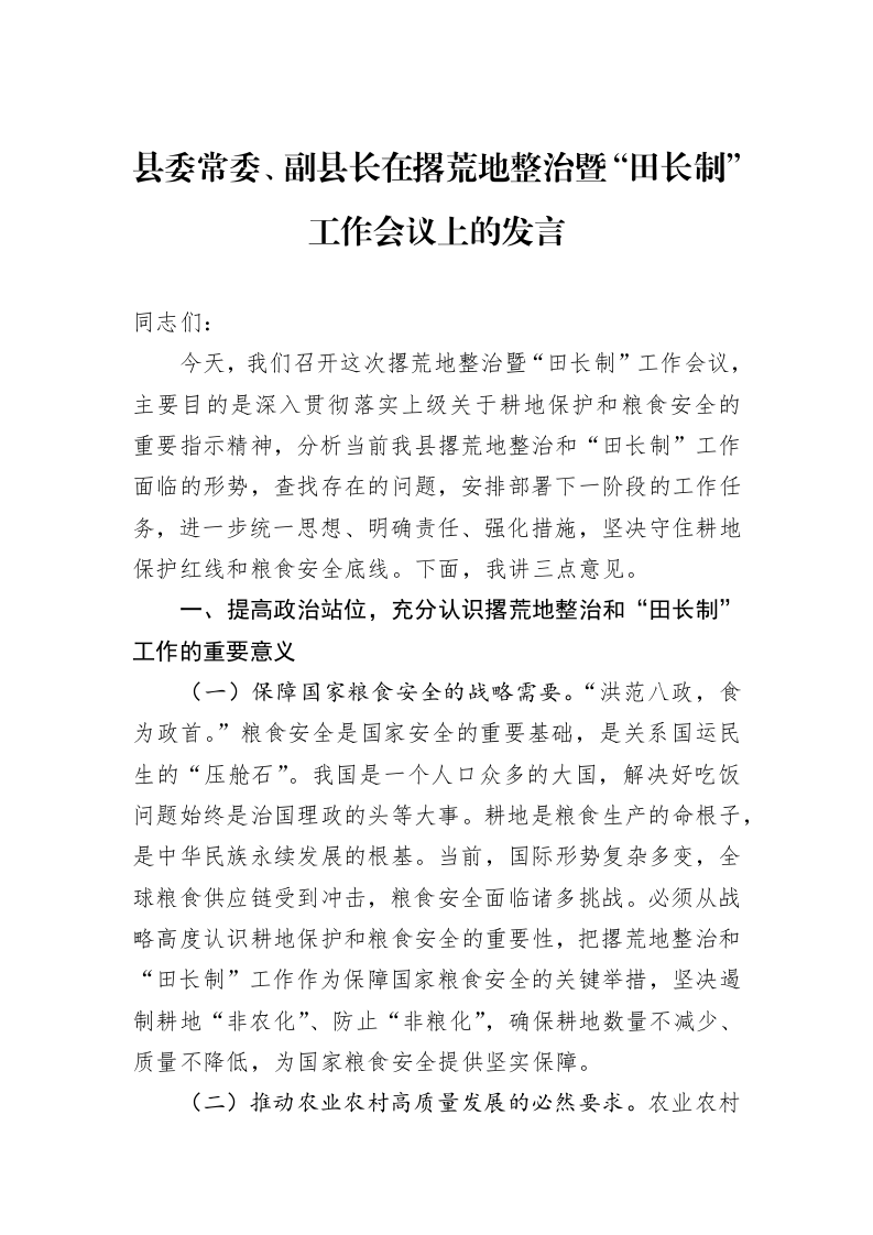 县委常委、副县长在撂荒地整治暨“田长制”工作会议上的发言_第1页