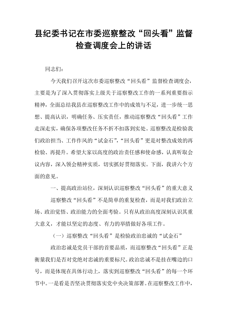 县纪委书记在市委巡察整改“回头看”监督检查调度会上的讲话_第1页