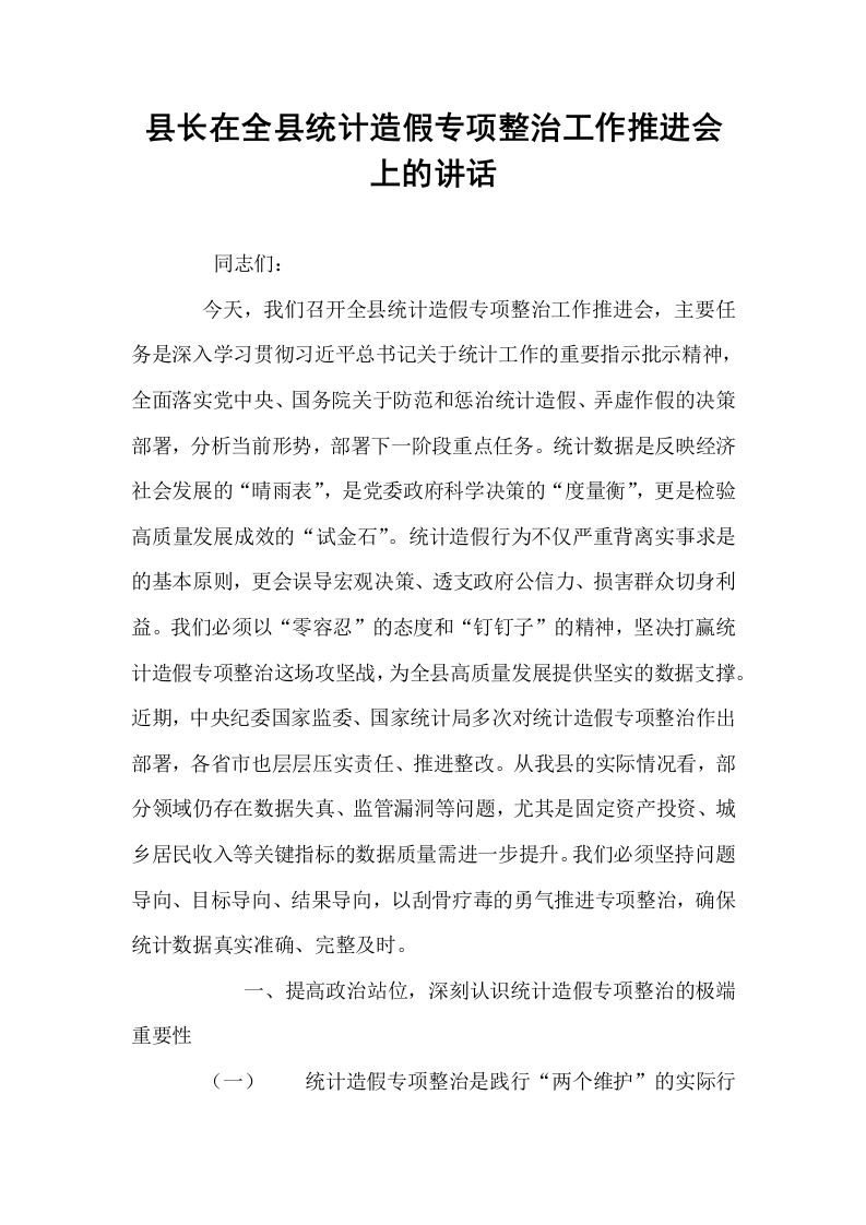 县长在全县统计造假专项整治工作推进会上的讲话_第1页
