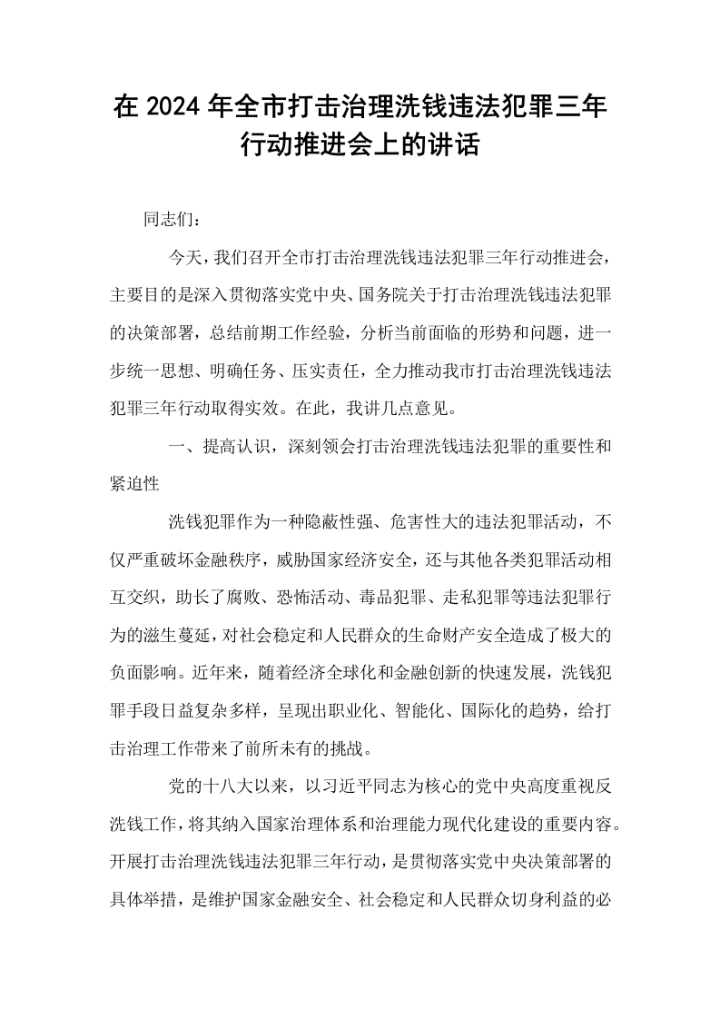 在2024年全市打击治理洗钱违法犯罪三年行动推进会上的讲话_第1页
