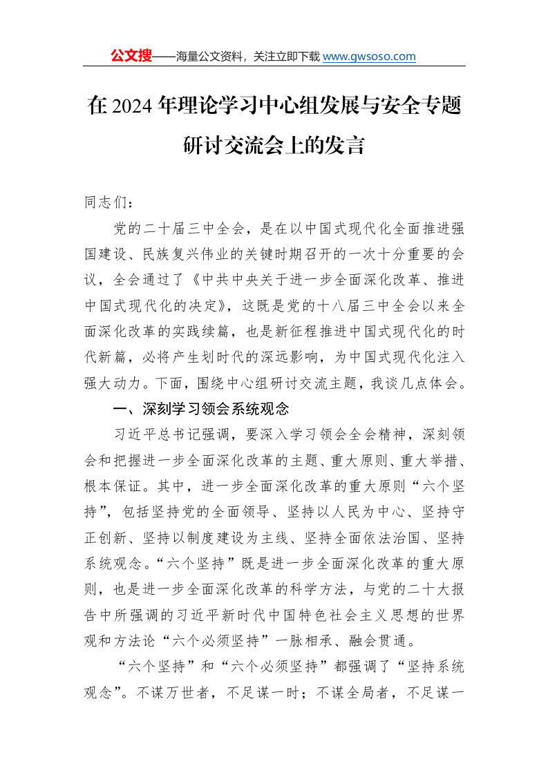 在2024年理论学习中心组发展与安全专题研讨交流会上的发言._第1页