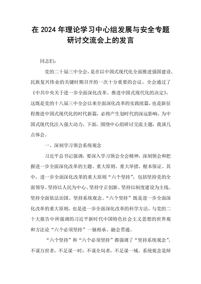 在2024年理论学习中心组发展与安全专题研讨交流会上的发言_第1页