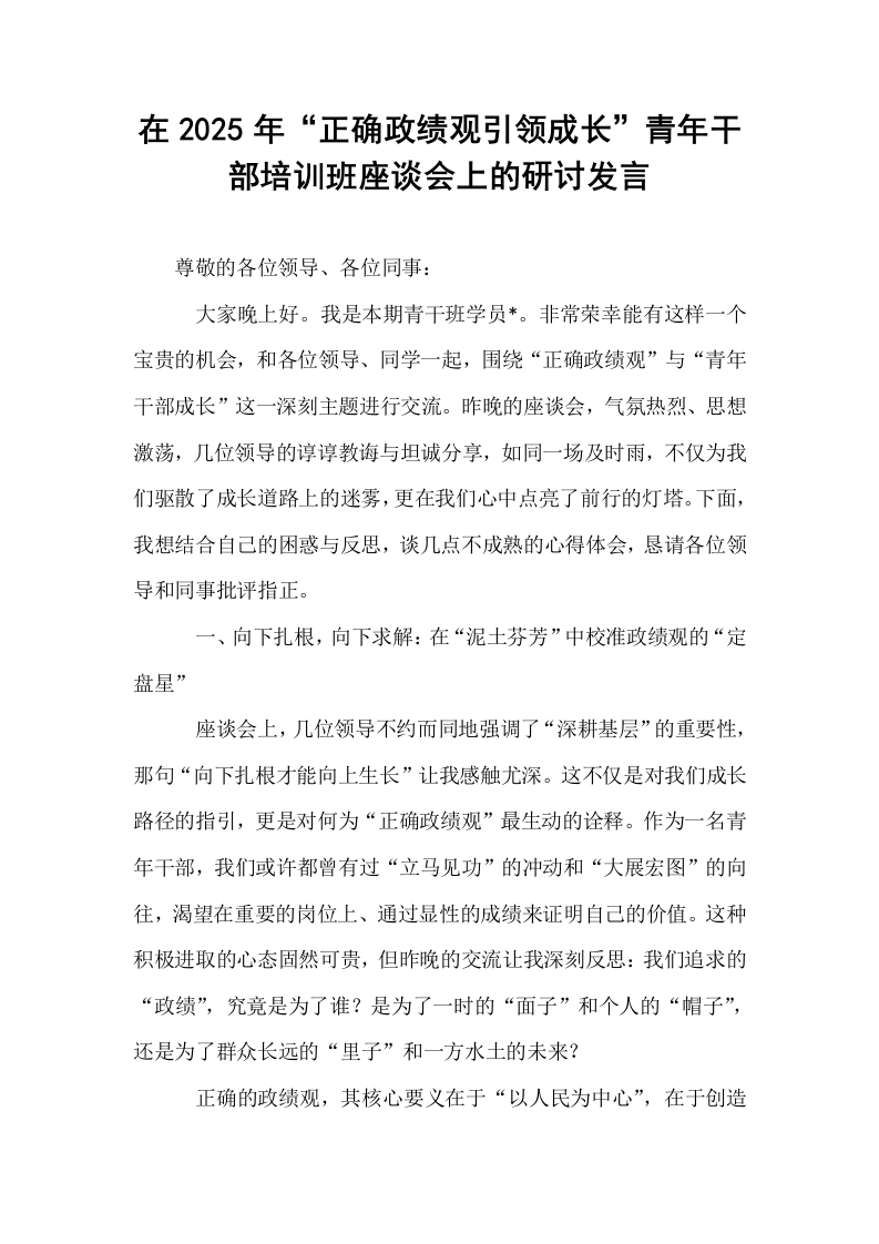 在2025年“正确政绩观引领成长”青年干部培训班座谈会上的研讨发言_第1页