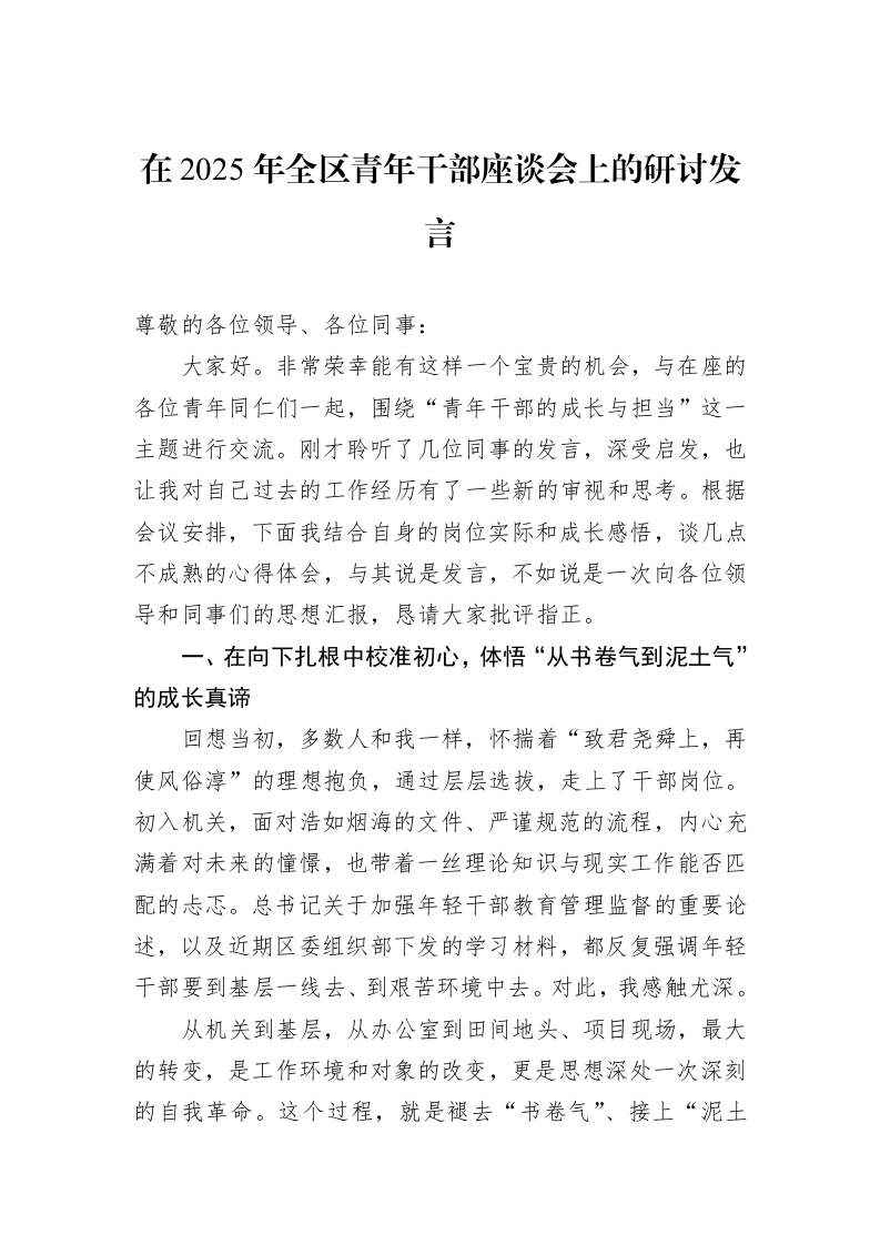 在2025年全区青年干部座谈会上的研讨发言_第1页