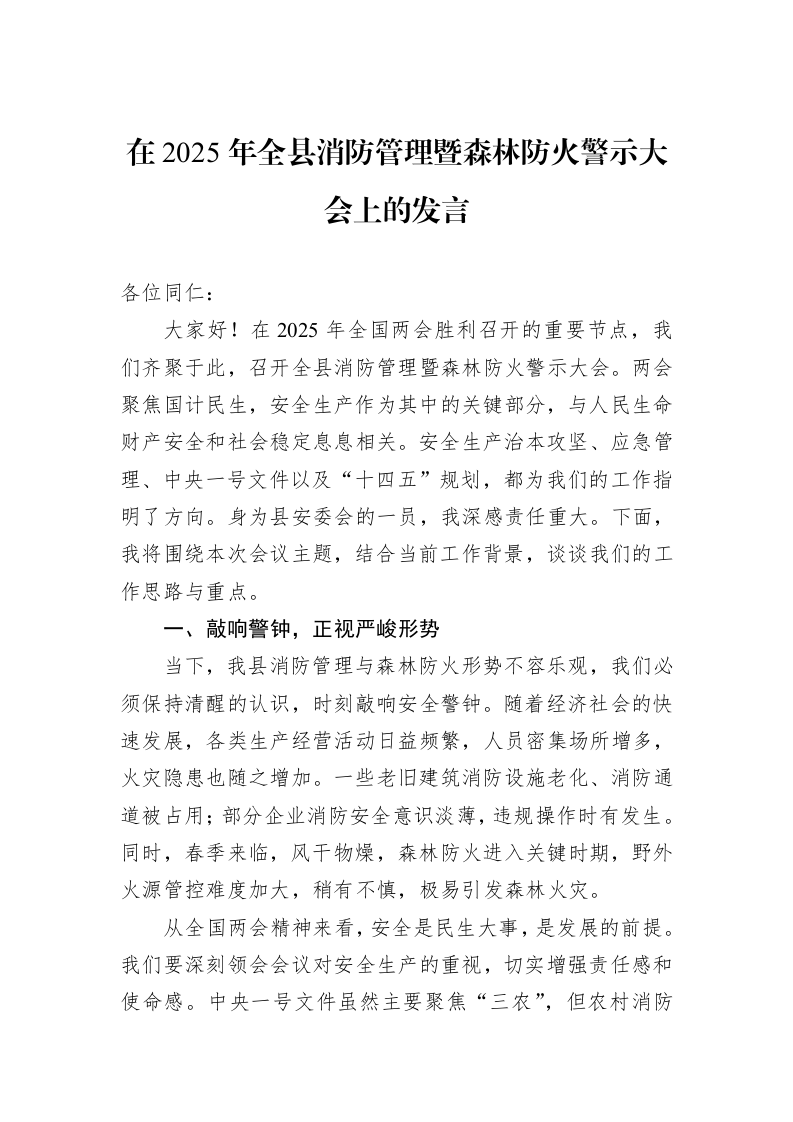 在2025年全县消防管理暨森林防火警示大会上的发言（3.12）_第1页