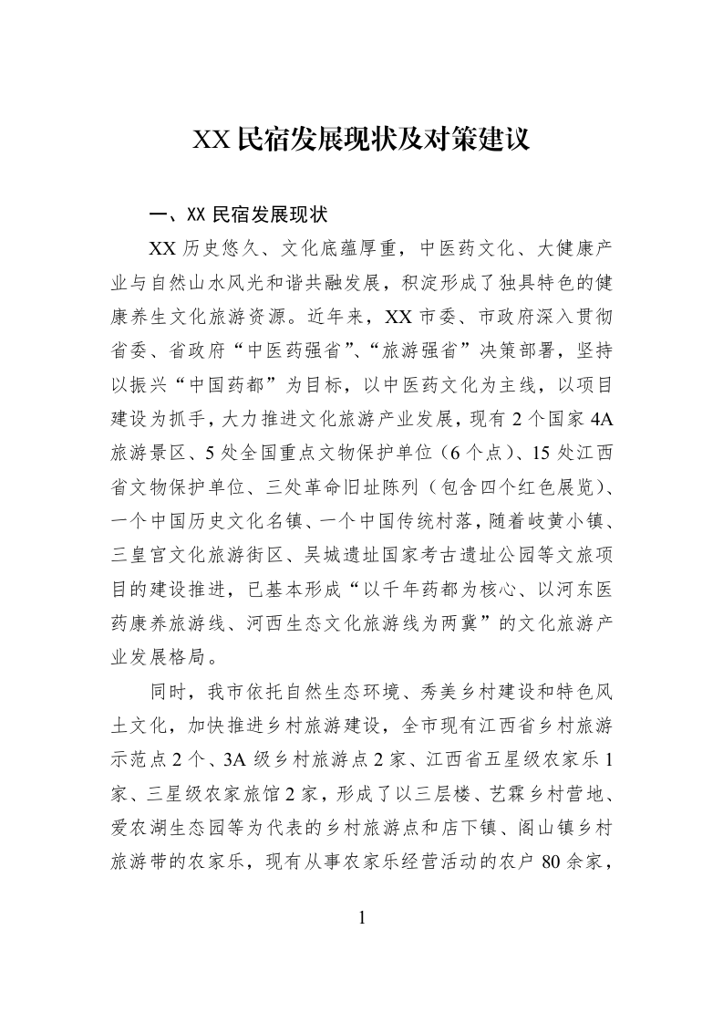 XX民宿发展现状及对策建议_第1页