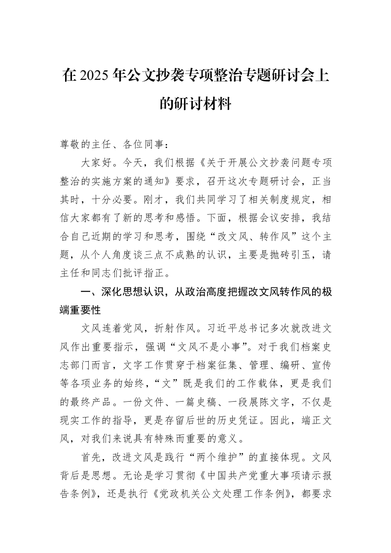 在2025年公文抄袭专项整治专题研讨会上的研讨材料_第1页