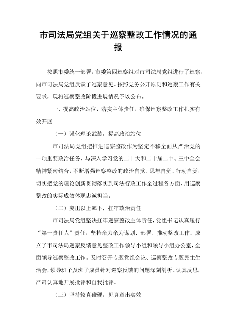 市司法局党组关于巡察整改工作情况的通报_第1页