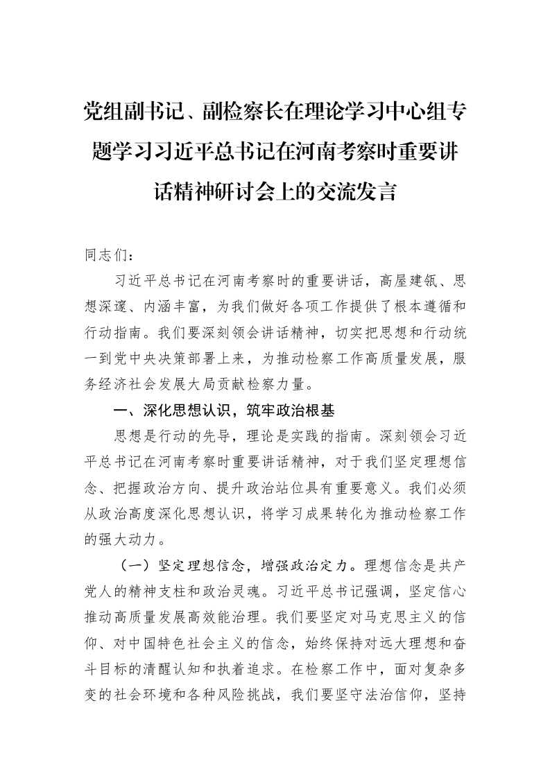 党组副书记、副检察长在理论学习中心组专题学习习近平总书记在河南考察时重要讲话精神研讨会上的交流发言 (1)_第1页