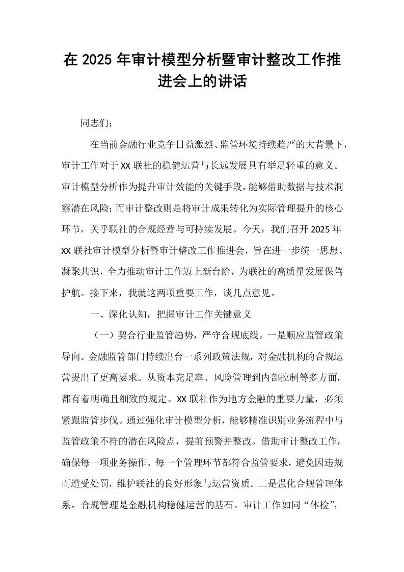 在2025年审计模型分析暨审计整改工作推进会上的讲话_第1页