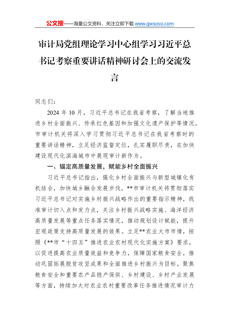 审计局党组理论学习中心组学习习近平总书记考察重要讲话精神研讨会上的交流发言_第1页