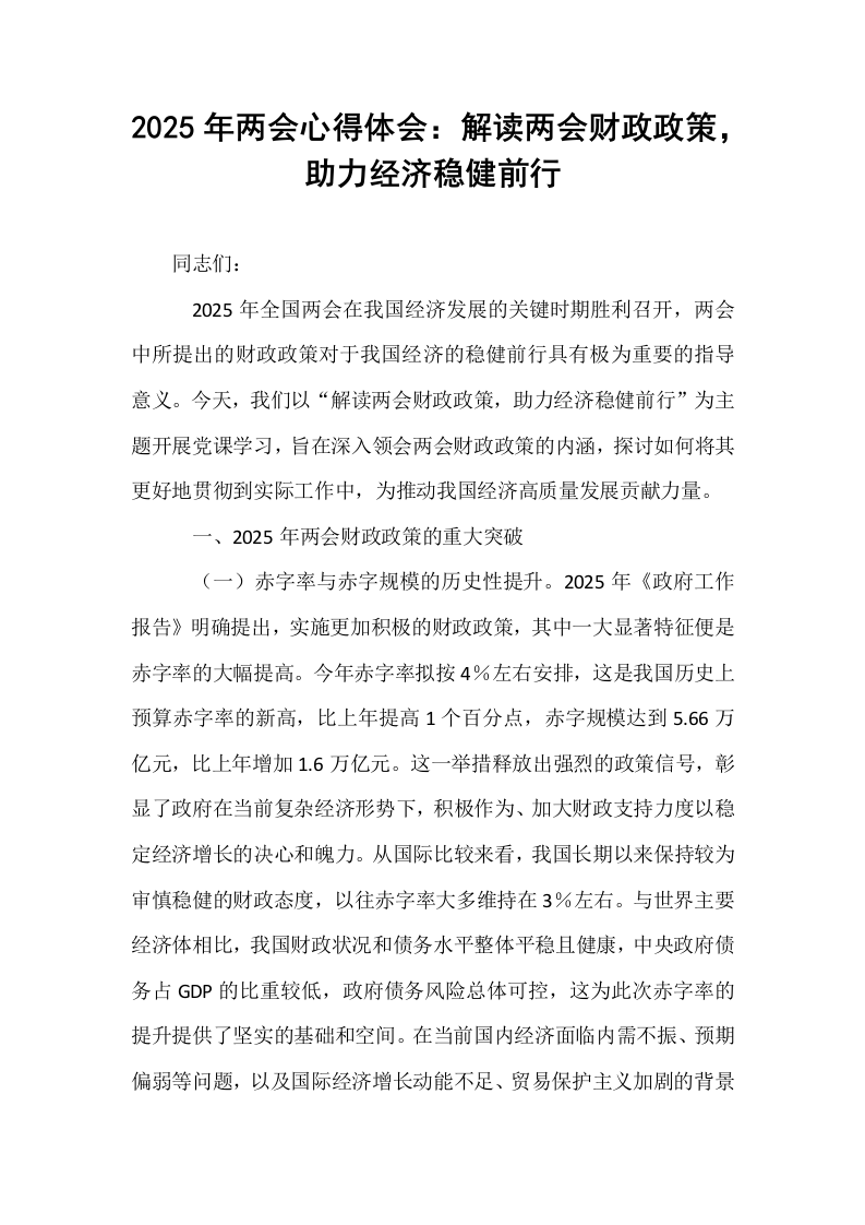 2025年两会心得体会：解读两会财政政策，助力经济稳健前行_第1页