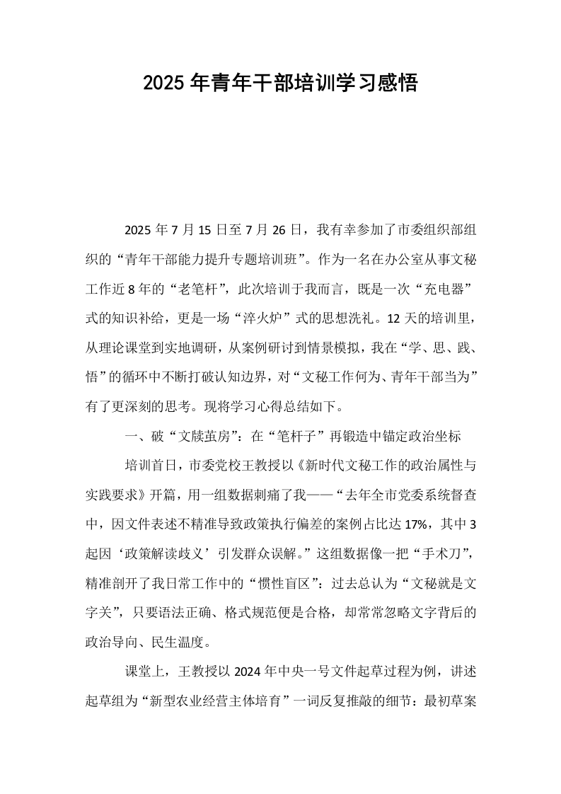2025年青年干部培训学习感悟_第1页