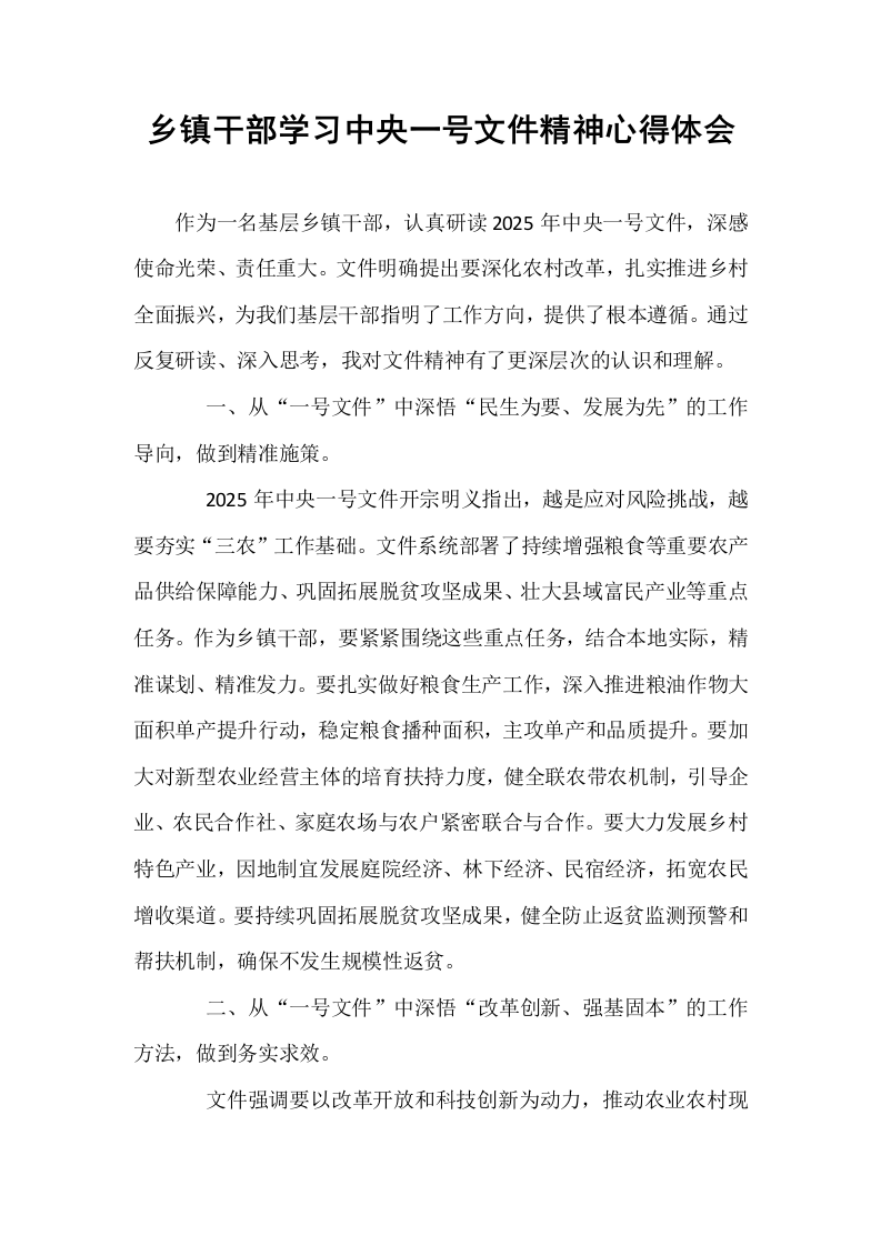 乡镇干部学习中央一号文件精神心得体会_第1页