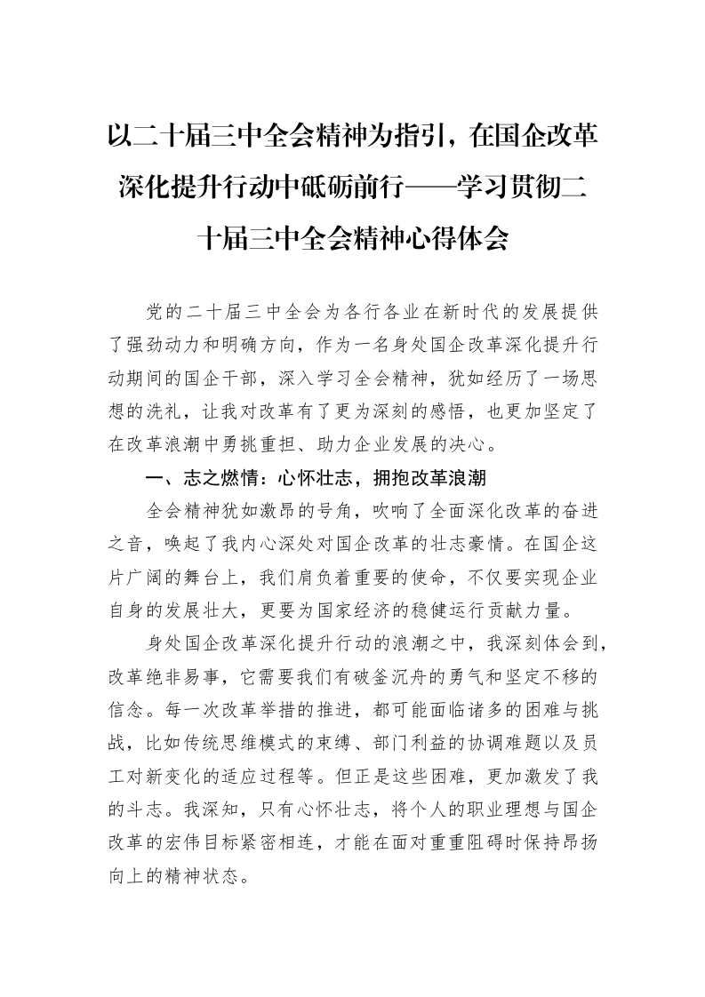 以二十届三中全会精神为指引，在国企改革深化提升行动中砥砺前行——学习贯彻二十届三中全会精神心得体会_第1页