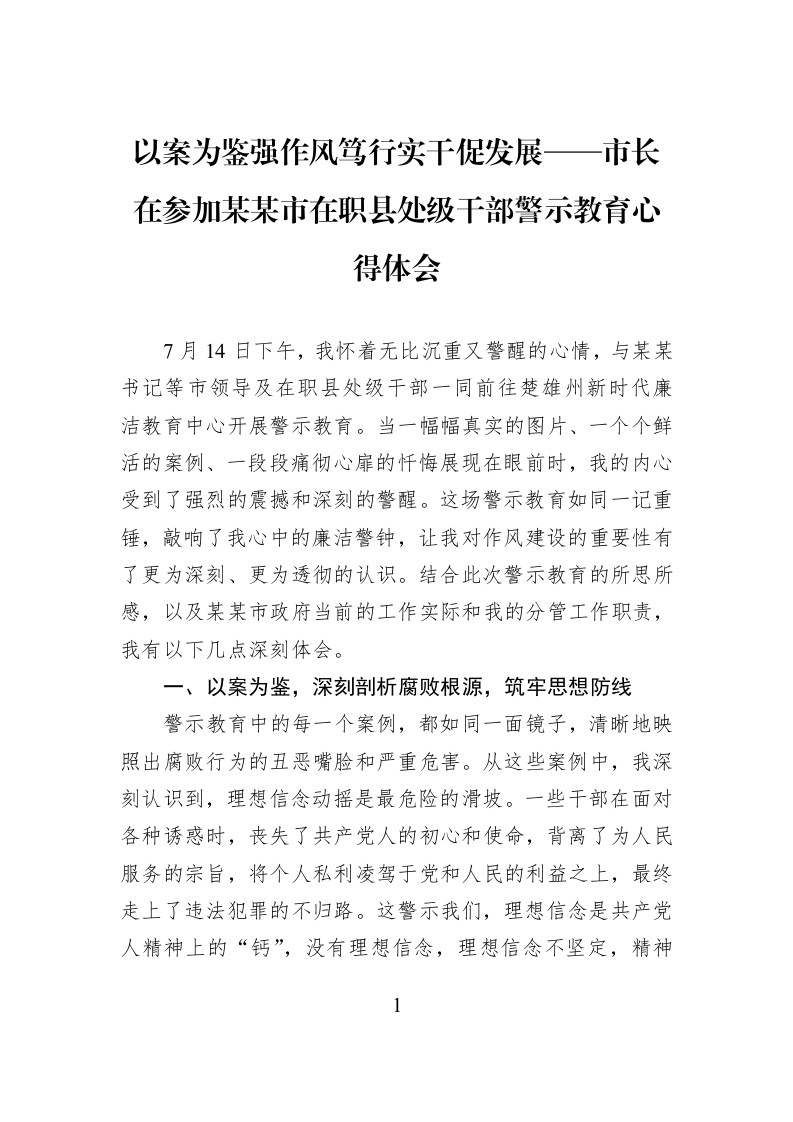 以案为鉴强作风笃行实干促发展——市长在参加某某市在职县处级干部警示教育心得体会_第1页