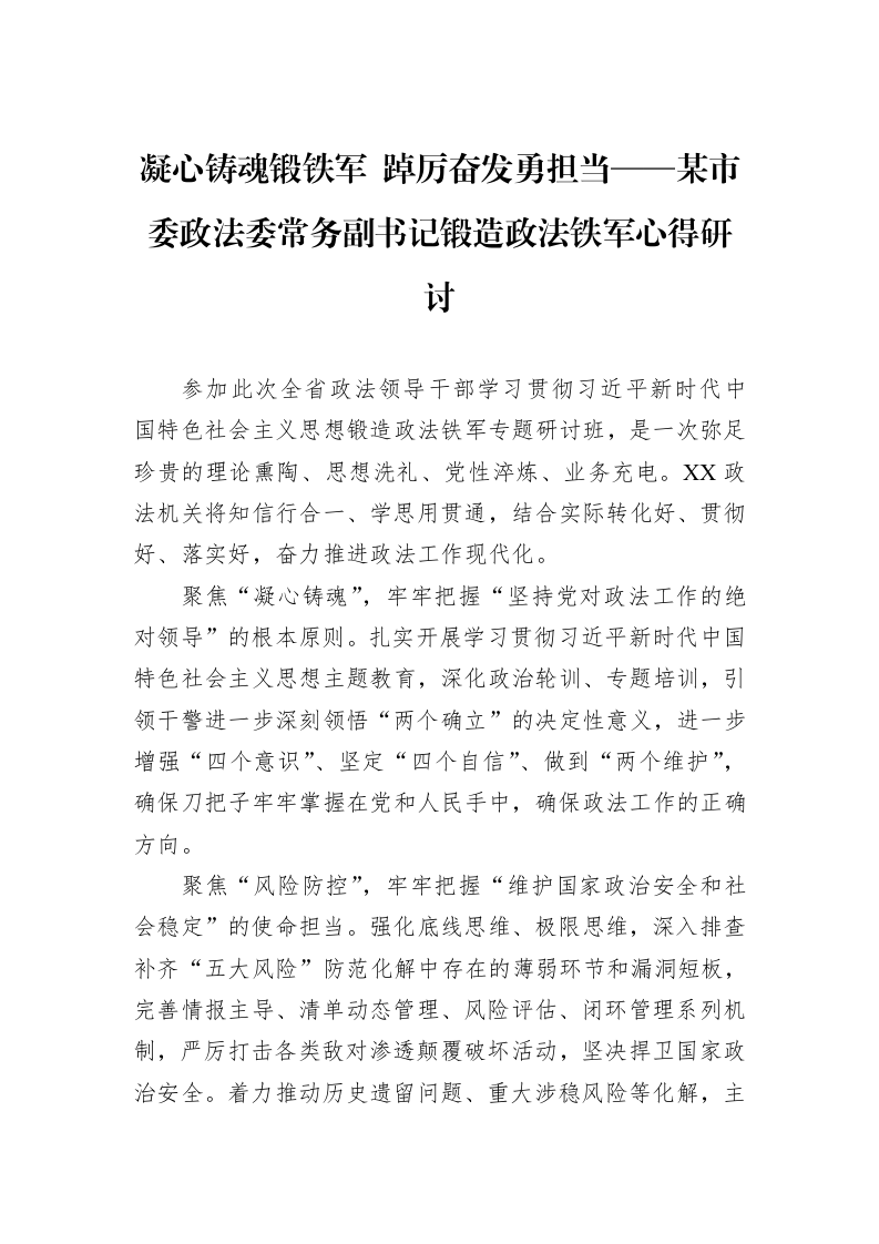 凝心铸魂锻铁军+踔厉奋发勇担当——某市委政法委常务副书记锻造政法铁军心得研讨_第1页