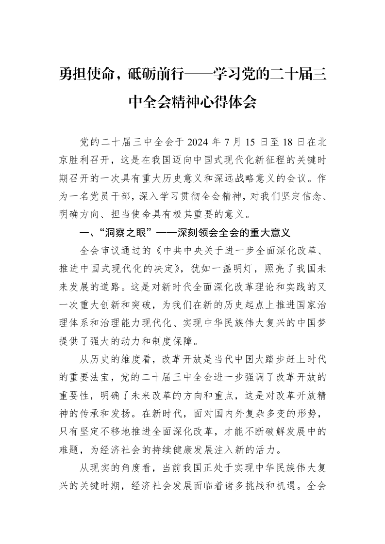 勇担使命，砥砺前行——学习党的二十届三中全会精神心得体会_第1页