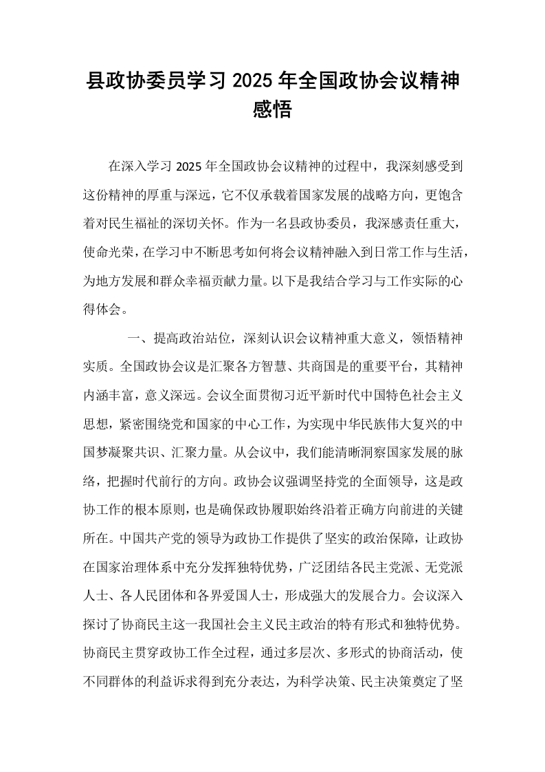 县政协委员学习2025年全国政协会议精神感悟_第1页