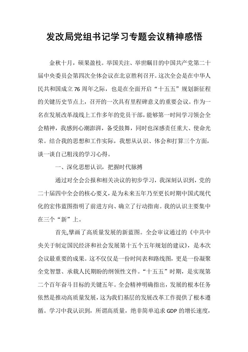 发改局党组书记学习专题会议精神感悟_第1页