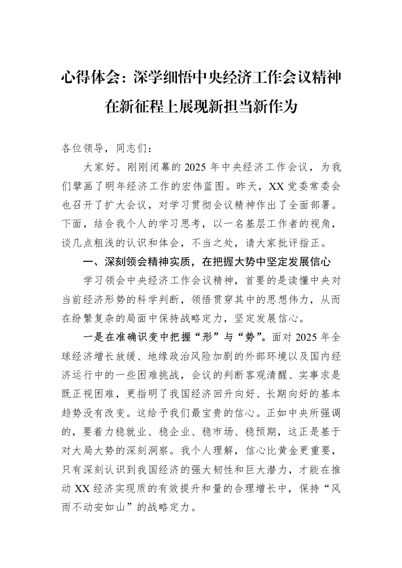 心得体会：深学细悟中央经济工作会议精神+在新征程上展现新担当新作为_第1页
