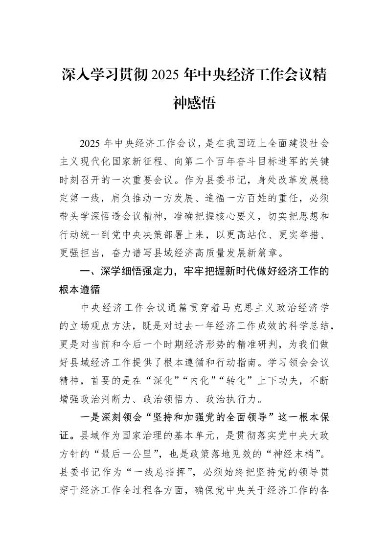 深入学习贯彻2025年中央经济工作会议精神感悟_第1页