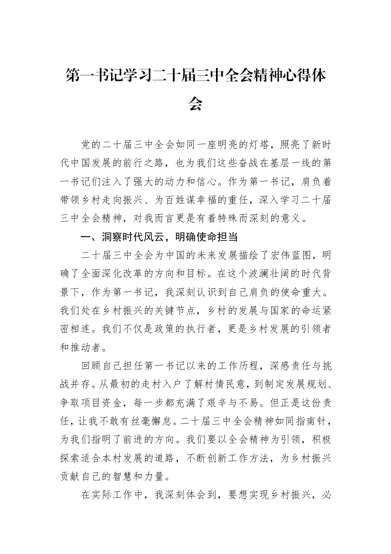 第一书记学习二十届三中全会精神心得体会_第1页