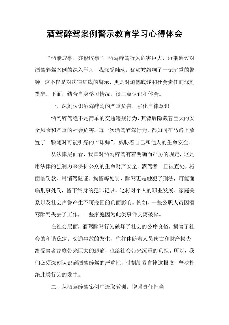酒驾醉驾案例警示教育学习心得体会_第1页