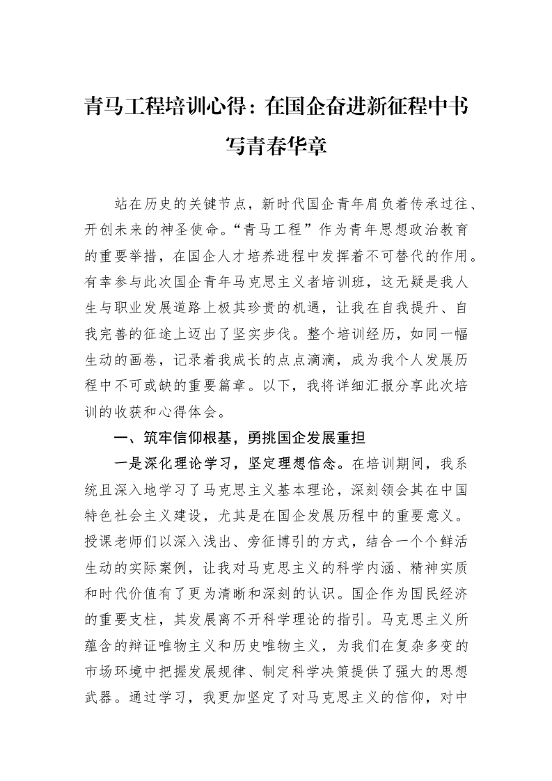 青马工程培训心得：在国企奋进新征程中书写青春华章_第1页