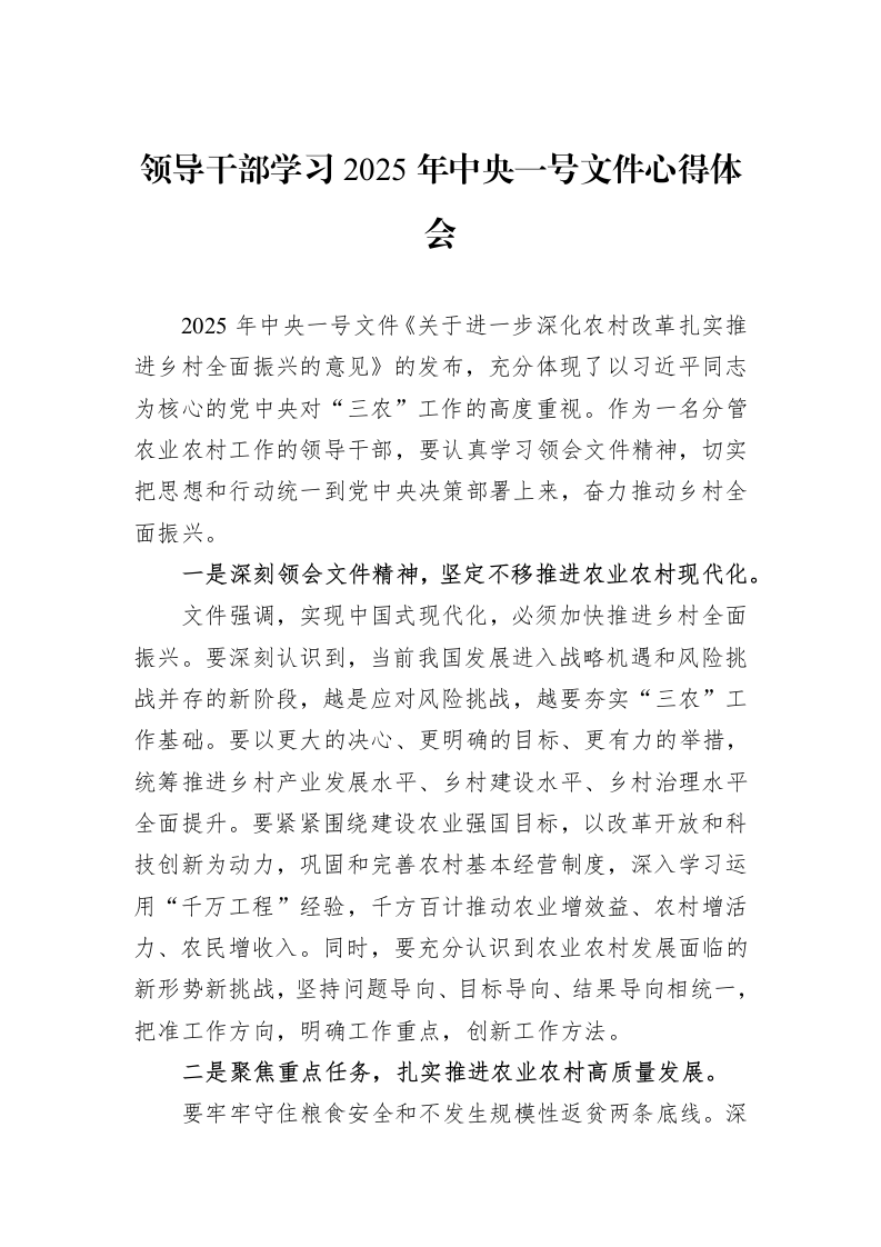 领导干部学习2025年中央一号文件心得体会_第1页