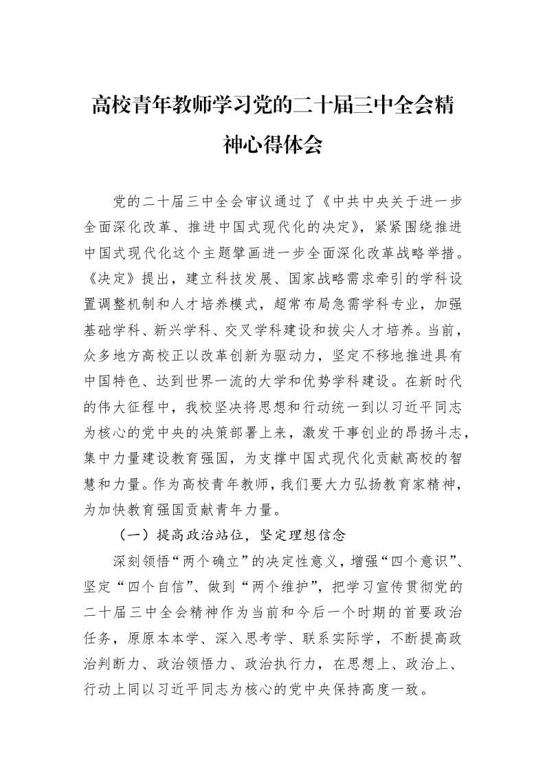 高校青年教师学习党的二十届三中全会精神心得体会_第1页
