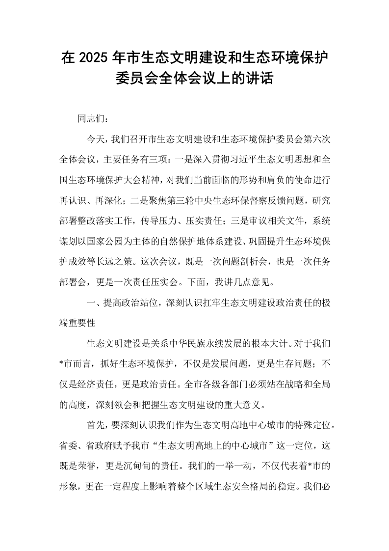 在2025年市生态文明建设和生态环境保护委员会全体会议上的讲话_第1页