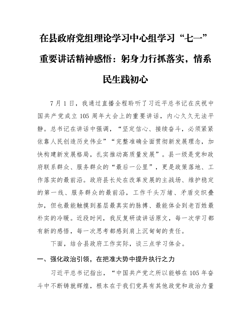 在县政府党组理论学习中心组学习“七一”重要讲话精神感悟：躬身力行抓落实，情系民生践初心_第1页