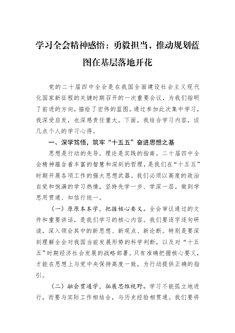 学习全会精神感悟：勇毅担当，推动规划蓝图在基层落地开花_第1页