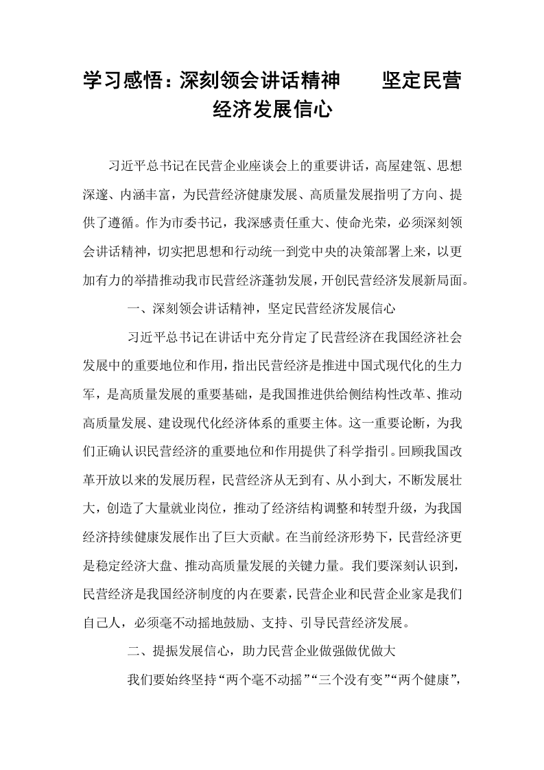 学习感悟：深刻领会讲话精神    坚定民营经济发展信心_第1页