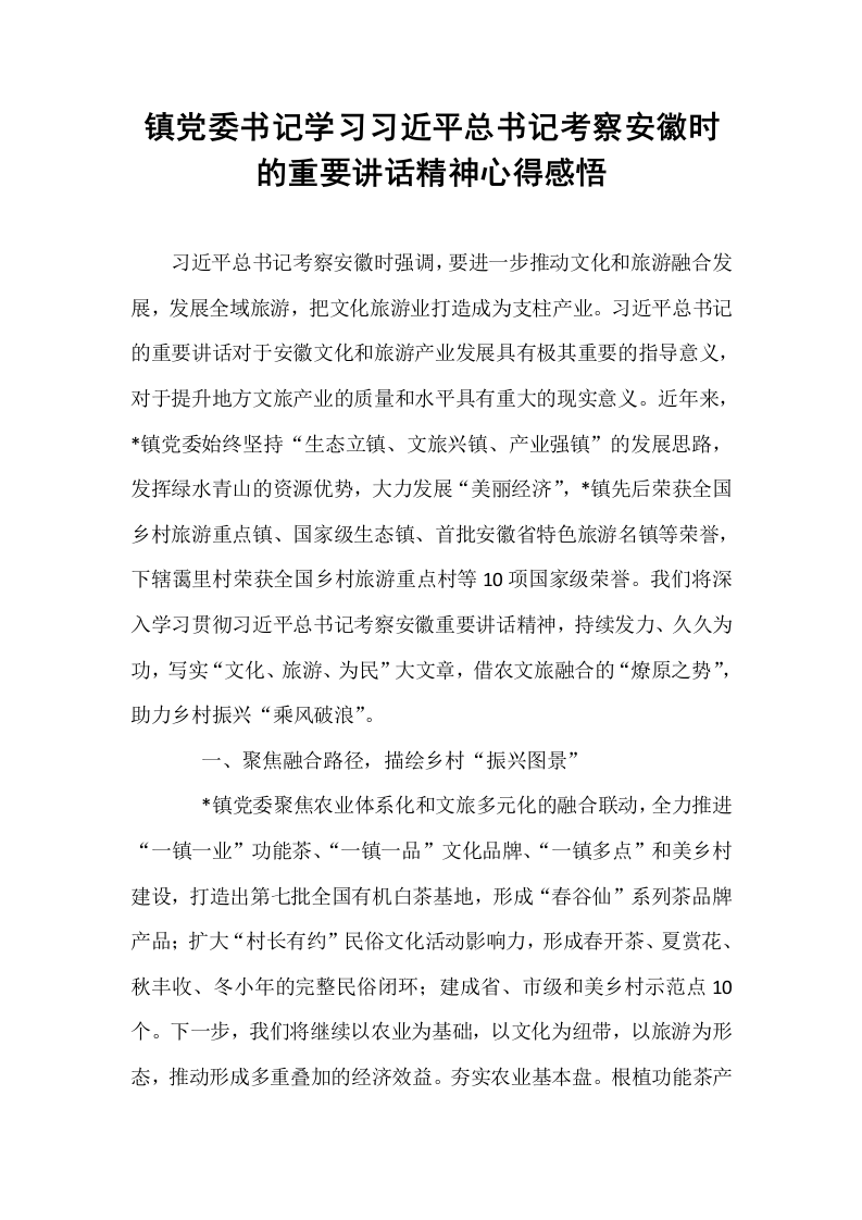 镇党委书记学习习近平总书记考察安徽时的重要讲话精神心得感悟._第1页