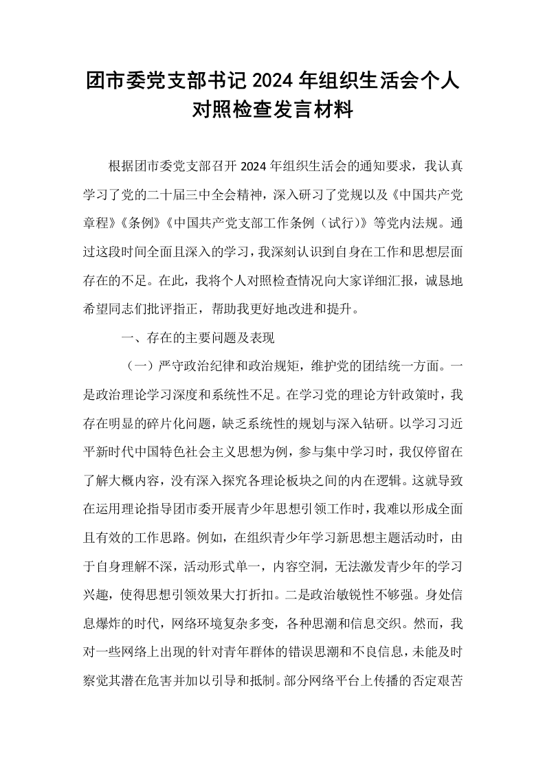 团市委党支部书记2024年组织生活会个人对照检查发言材料_第1页