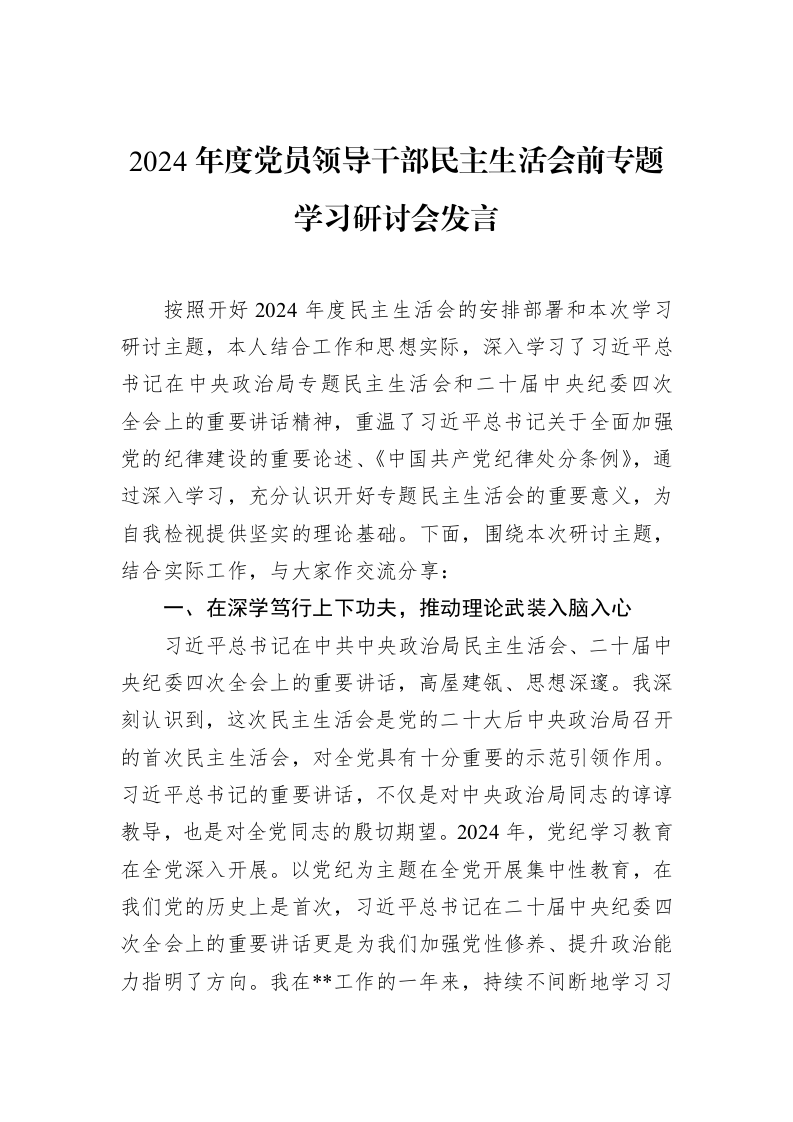 2024年度党员领导干部民主生活会前专题学习研讨会发言_第1页