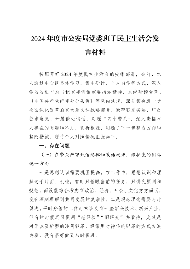 2024年度市公安局党委班子民主生活会发言材料_第1页