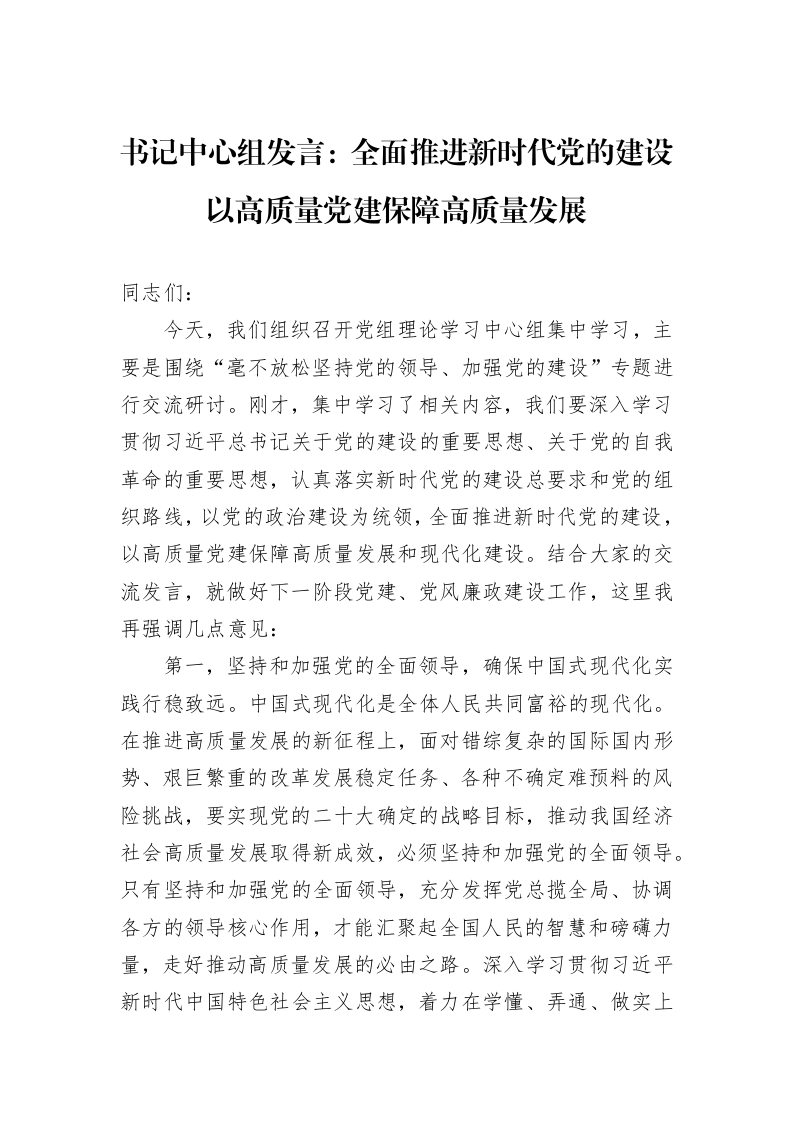 书记中心组发言：全面推进新时代党的建设+以高质量党建保障高质量发展_第1页