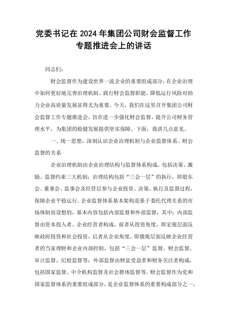 党委书记在2024年集团公司财会监督工作专题推进会上的讲话_第1页